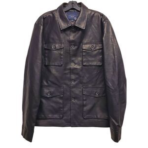 MARC ASHER Jacket Mens Large Black Embossed Faux Leather Flap Pockets Button Up